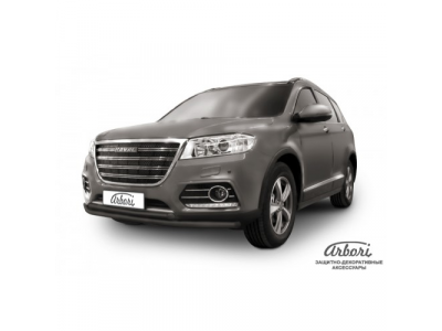Защита переднего бампера Arbori d57+d42 двойная черная HAVAL H6 2014-