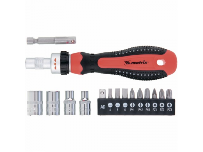 Отвёртка реверсивная с набором бит и насадок торцевых,CrV,1/4 от MATRIX Отвёртка реверсивная с набором бит и насадок торцевых,CrV,1/4